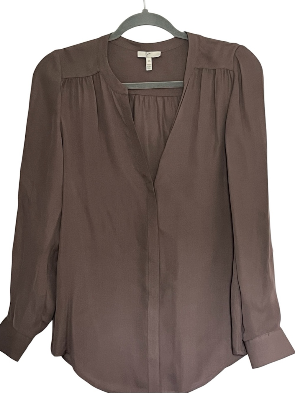 Joie silk crepe roll tab long sleeve tunic shirt V-neck amethyst taupe office XS